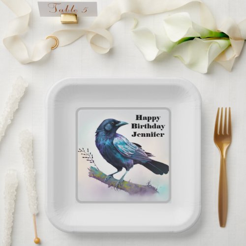 Beautiful Raven on a Tree Branch Birthday Paper Plates