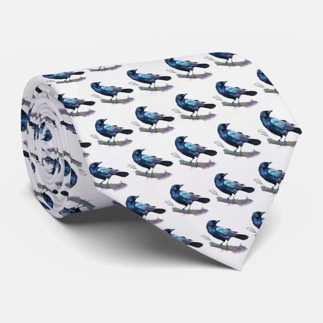 Beautiful Raven on a Tree Branch Patterned Neck Tie (Rolled)