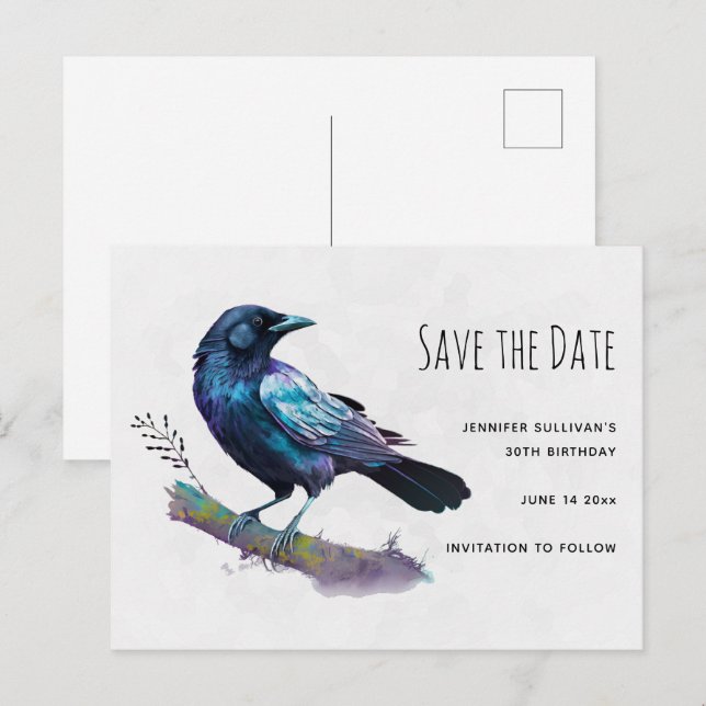 Beautiful Raven on a Tree Branch Save the Date Invitation Postcard (Front/Back)