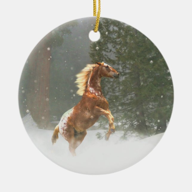 Beautiful Rearing Appaloosa Horse in the Snow Ceramic Ornament (Front)