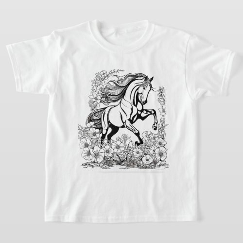 Beautiful Rearing Horse  Flowers Paint a  T_Shirt