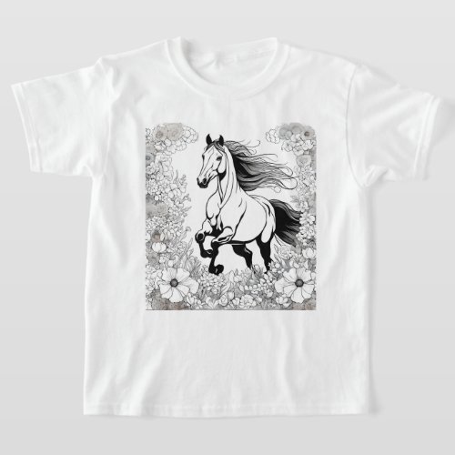 Beautiful Rearing Horse  Flowers Paint a  T_Shirt