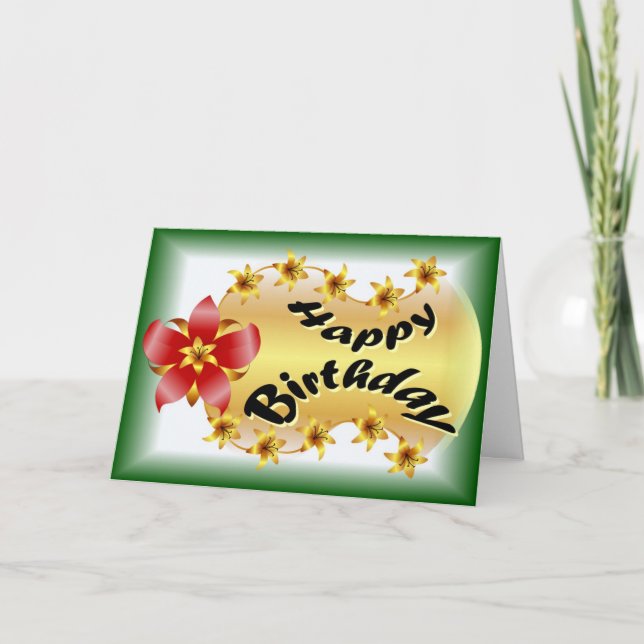 Beautiful red and gold flower in green birthday card (Front)
