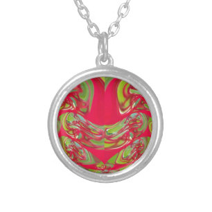 Beautiful Red and Green Texture Color Abstract Art Silver Plated Necklace