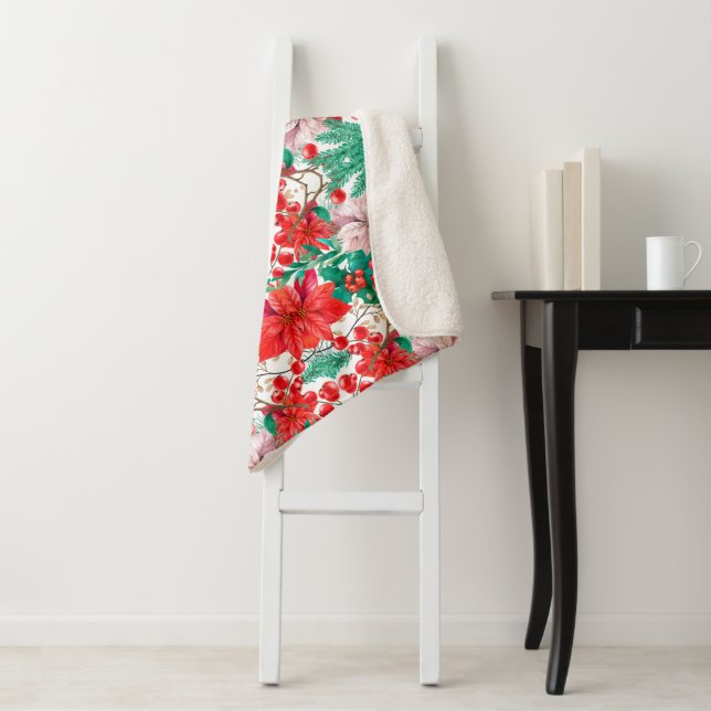 Beautiful Red and Pink Poinsettias, Pine & Berries Sherpa Blanket (In Situ)