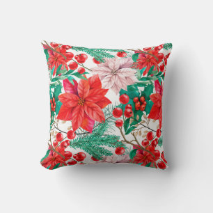 Beautiful Red and Pink Poinsettias, Pine & Berries Throw Pillow