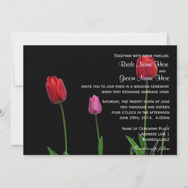 Beautiful red and purple tulip flowers wedding invitation (Front)