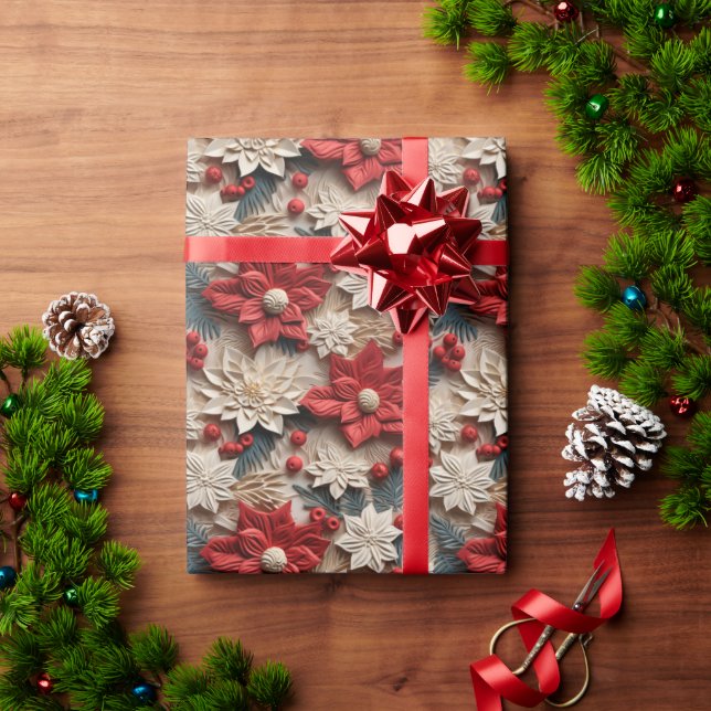 Beautiful Red and White 3D Poinsettias Wrapping Paper (Holiday Gift)