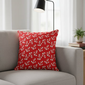 Beautiful Red And White Anchors Nautical Large Throw Pillow