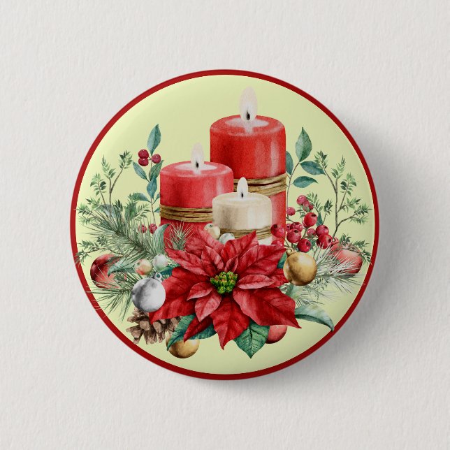 Beautiful Red and White Candles & Poinsettias   Button (Front)