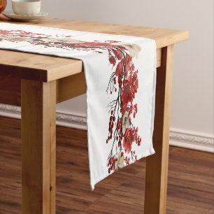 Beautiful Red and White Flower Branches Christmas Short Table Runner