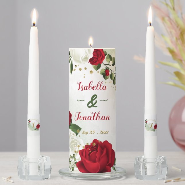 beautiful red and white flowers greenery wedding unity candle set (In Situ)