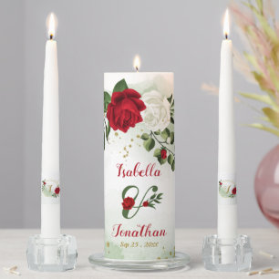 beautiful red and white flowers greenery wedding unity candle set