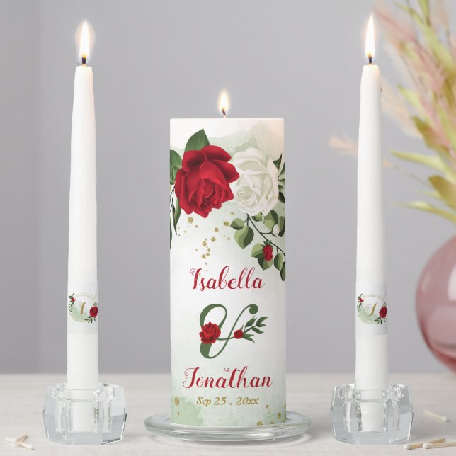beautiful red and white flowers greenery wedding unity candle set (In Situ)