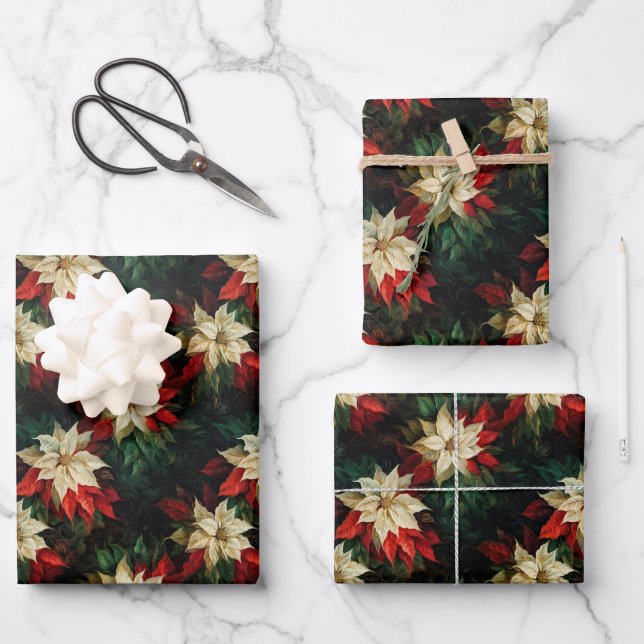 Beautiful Red and White Poinsettias Wrapping Paper Sheets (Front)