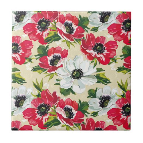 Beautiful red and white poppies on cream yellow ceramic tile