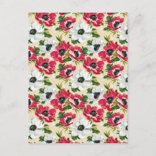 Beautiful red and white poppies on cream yellow postcard