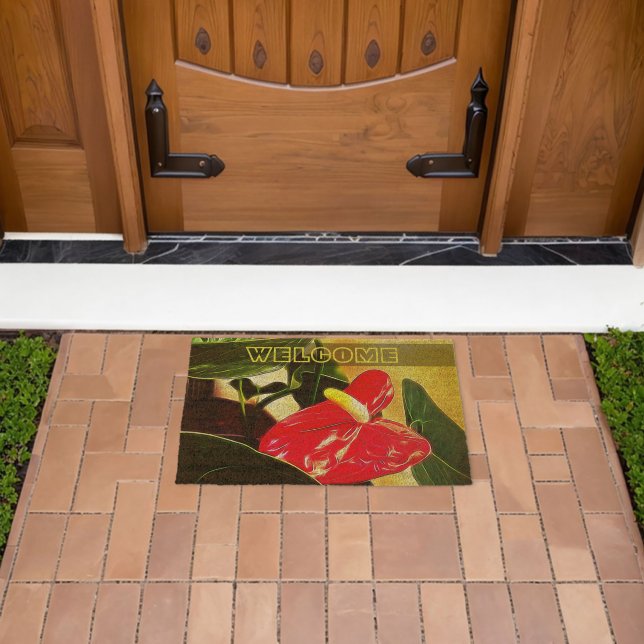 Beautiful Red Anthurium Tropical Flower Photograph Fiber Doormat (Insitu (Outdoor))