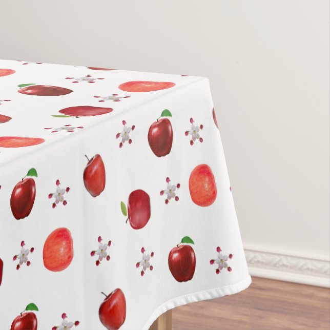 Beautiful Red Apples & Apple Flowers on White Tablecloth (In Situ)