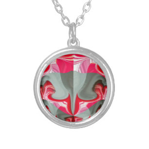 beautiful Red ash gray geometric motif ART design Silver Plated Necklace