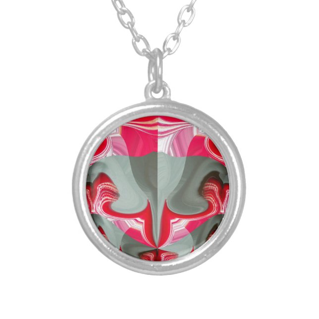 beautiful Red ash gray geometric motif ART design Silver Plated Necklace (Front)