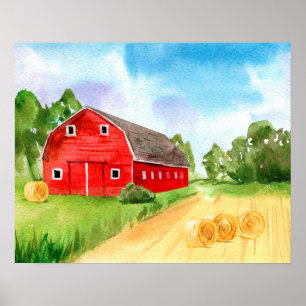 Beautiful red barn at the farm poster