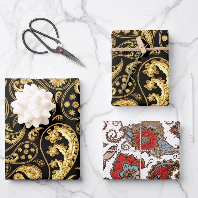 Beautiful Red, Black and Gold Paisley Pattern Wrapping Paper Sheets (Front)