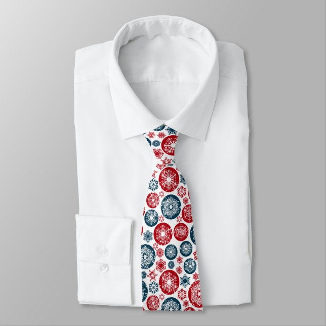 Beautiful Red-Blue Chistmas balls and Snowflakes Neck Tie (Tied)