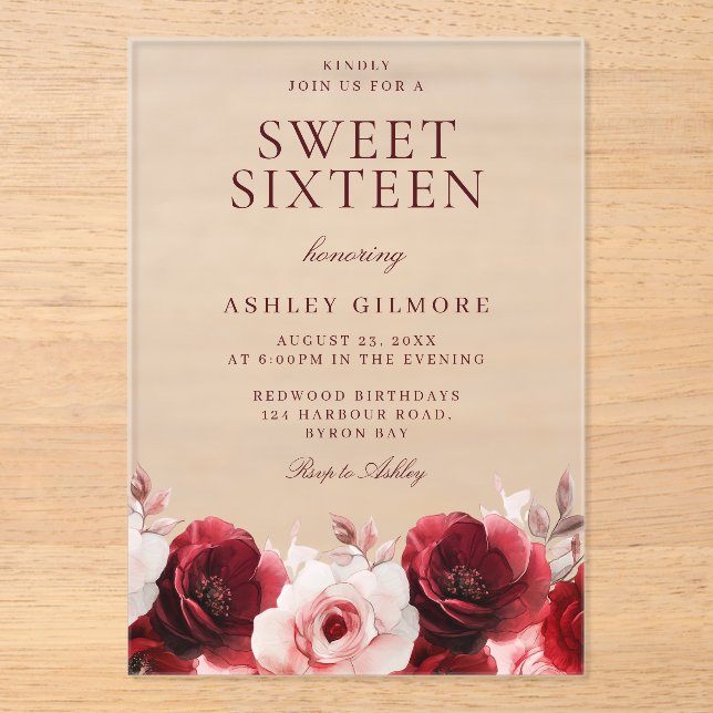 Beautiful Red & Blush Floral Sweet 16 Birthday  Acrylic Invitations (Front)
