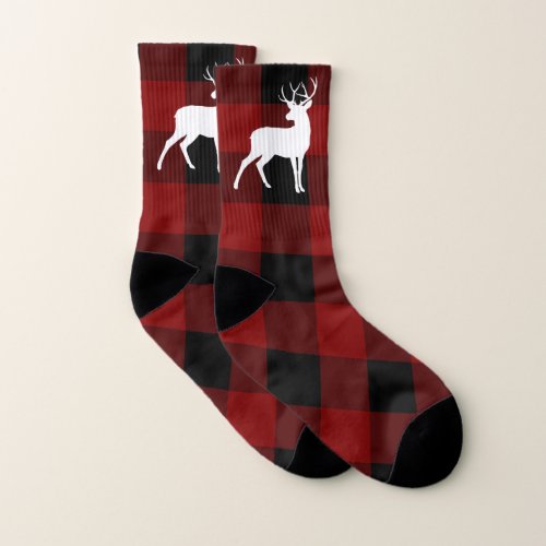 Beautiful Red buffalo Plaid and Deer Christmas Socks