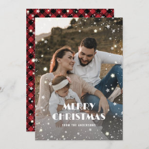 Beautiful Red Buffalo Plaid Snow Starry Photo Holiday Card