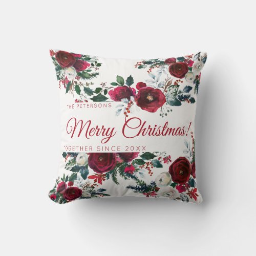 Beautiful red burgundy watercolor peonies family throw pillow