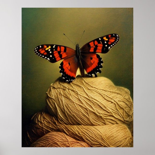 Beautiful Red Butterfly sitting on yarn modern  Poster (Front)