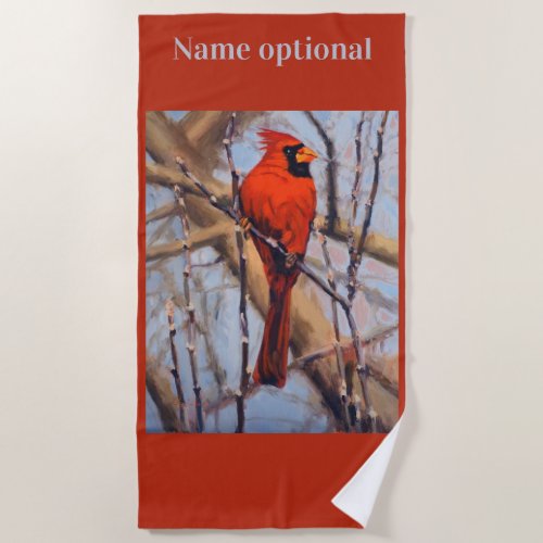 Beautiful Red Cardinal Bird in Bare Tree Beach Towel