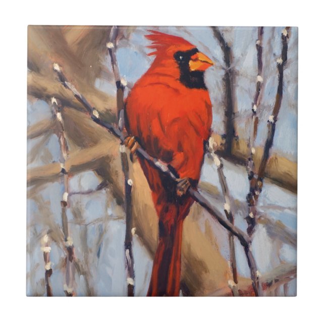 Beautiful Red Cardinal Bird in Bare Tree Ceramic Tile (Front)