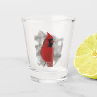 Beautiful Red Cardinal Bird in Snow Shot Glass