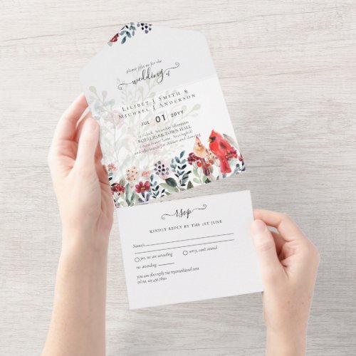 Beautiful RED CARDINAL Birds Wedding All In One Invitation