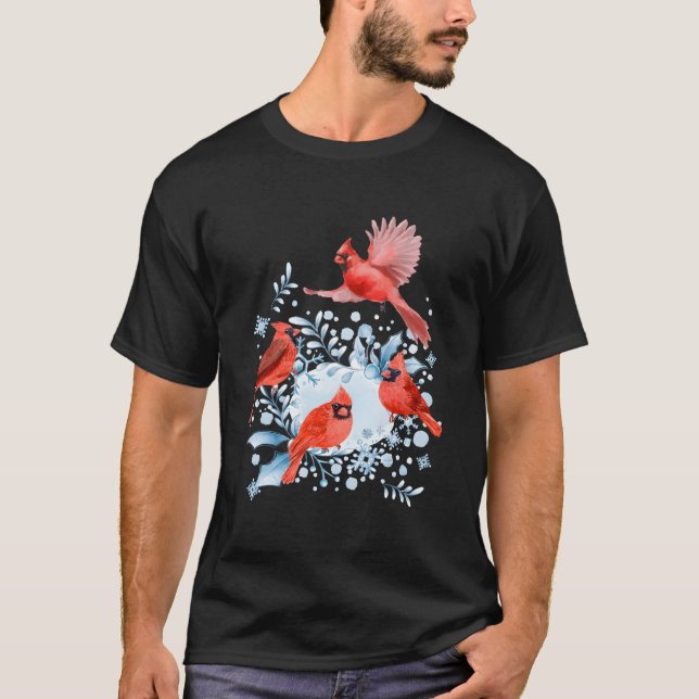 Beautiful Red Cardinal Birds Winter Scene Christma T-Shirt (Front)
