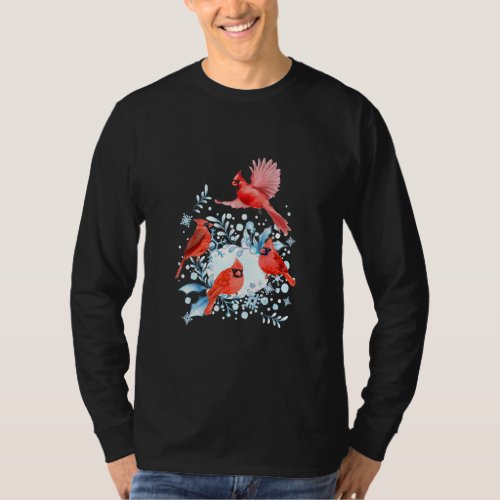Beautiful Red Cardinal Birds Winter Scene Christma T_Shirt