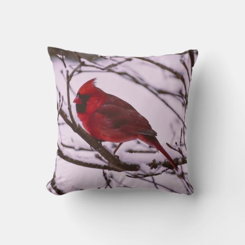 Beautiful Red Cardinal in a Snow Filled Tree Throw Pillow