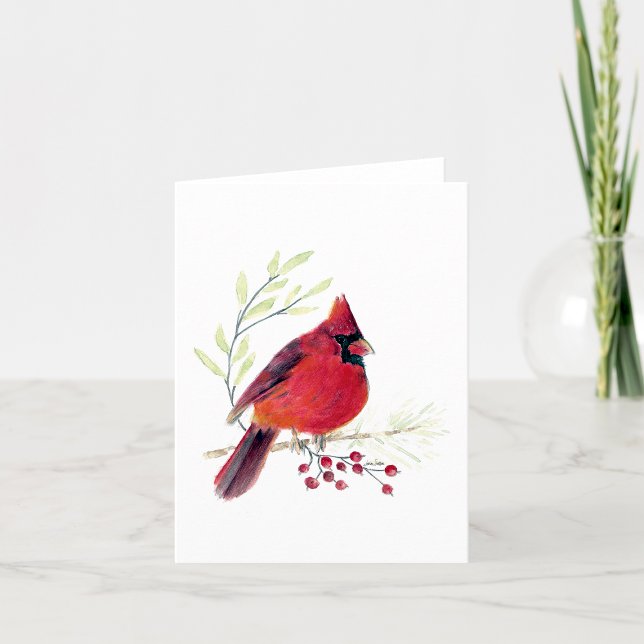 Beautiful Red Cardinal Note Card (Beautiful Red Cardinal Berries Watercolor Blank Note Card by Jenn Steffen Art)