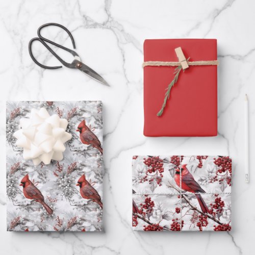 Beautiful Red Cardinal on Snowy Branch Winter Wrapping Paper Sheets