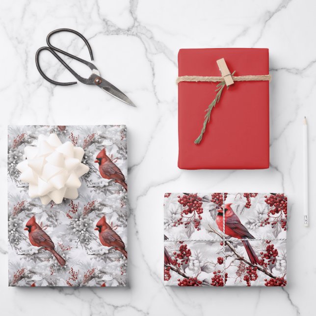 Beautiful Red Cardinal on Snowy Branch Winter Wrapping Paper Sheets (Front)