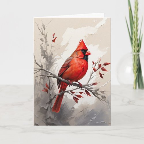 Beautiful Red Cardinal on Tree Limb Painting Blank Card