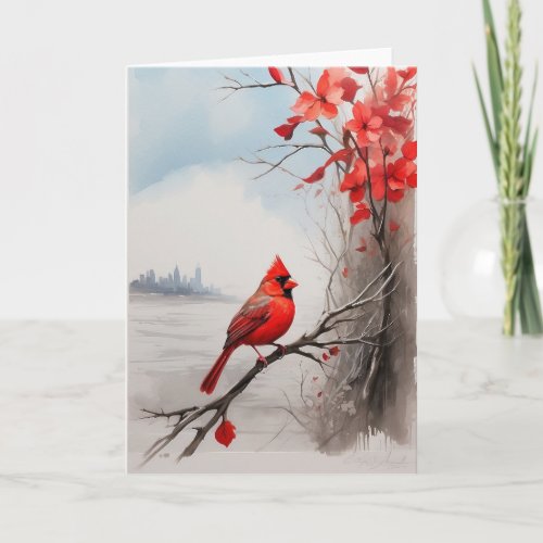 Beautiful Red Cardinal Perched on Tree Limb Blank Card