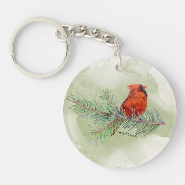 Beautiful Red Cardinal Rustic Watercolor  Keychain (Front)