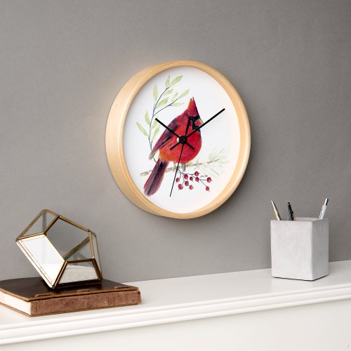 Beautiful Red Cardinal Watercolor Wall Dcor Clock