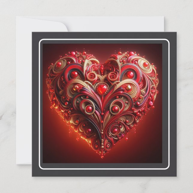 Beautiful Red Carved Scroll Heart Valentine Holiday Card (Front)