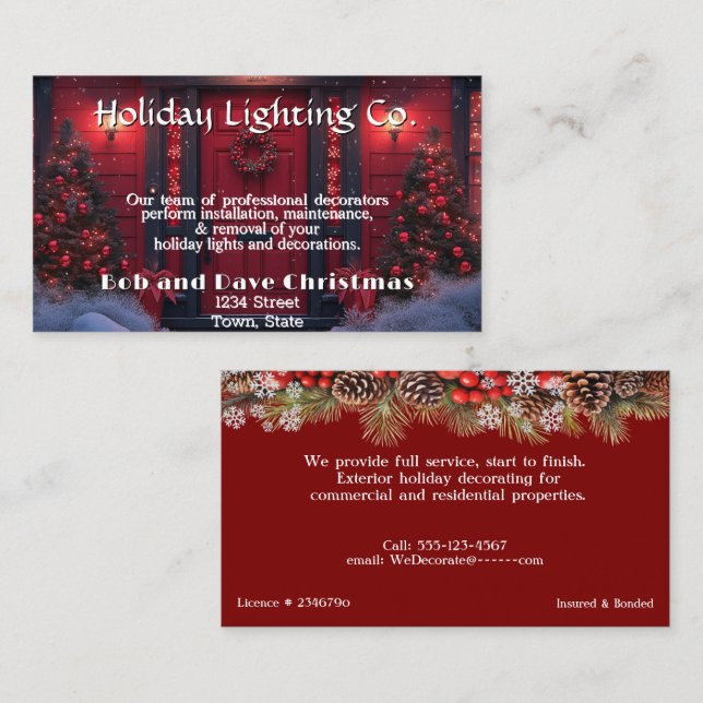 Beautiful Red  Christmas Door Lights Pine Trees Business Card (Front/Back)