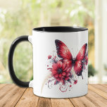 Beautiful Red Fantasy Floral Butterfly Mug<br><div class="desc">This is a pretty mug for home or office, with the image of a fantasy red and black butterfly next to red flowers. Behind the butterfly image is a trail of gold faux glitter and swirls. The image is repeated twice on the mug, with your name in black between them....</div>